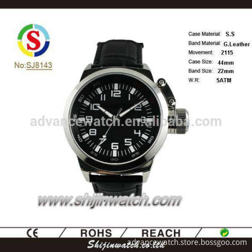 hotsale luxury stainless steel watch with genuine leather strap 5ATM watch